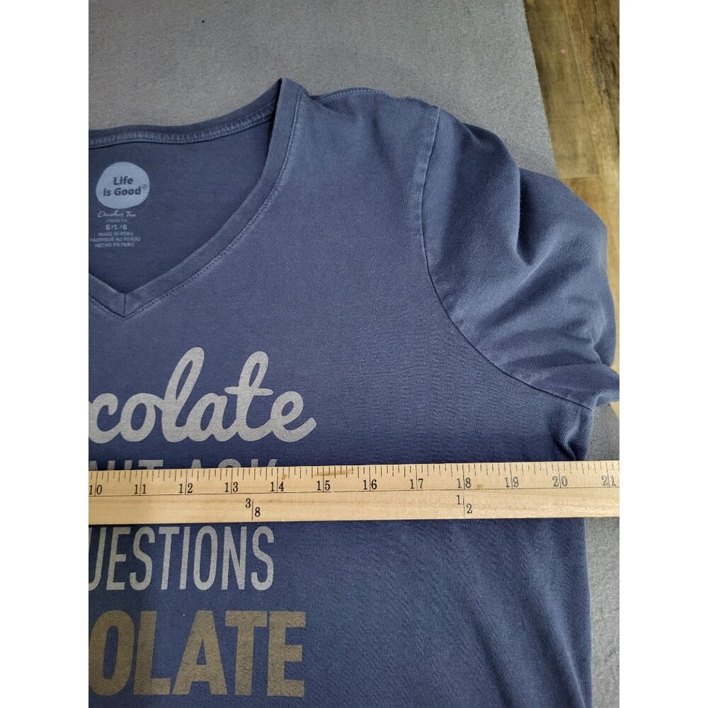 LIFE IS GOOD "Chocolate Nevers Asks Questions" Long Sleeve V Neck T Shirt SZ LG - Picture 4 of 8